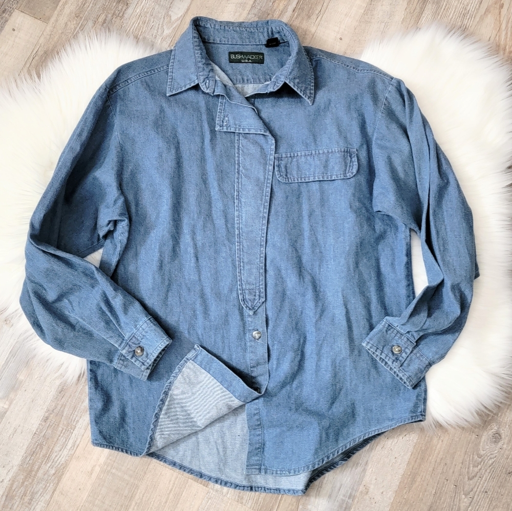 Vintage Bushwacker USA Denim Long Sleeve Button Shirt Size Large